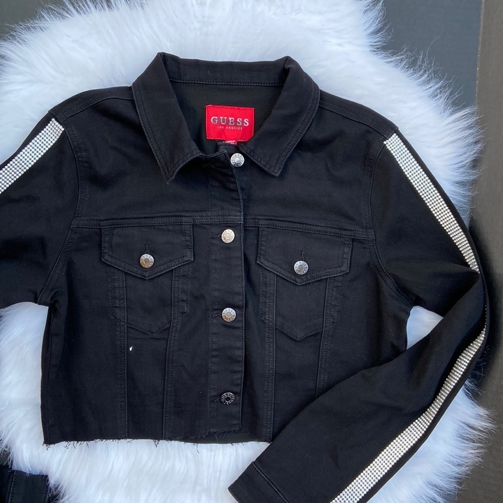 New GUESS Masha Rhinestone Denim Jacket Black SZ M
